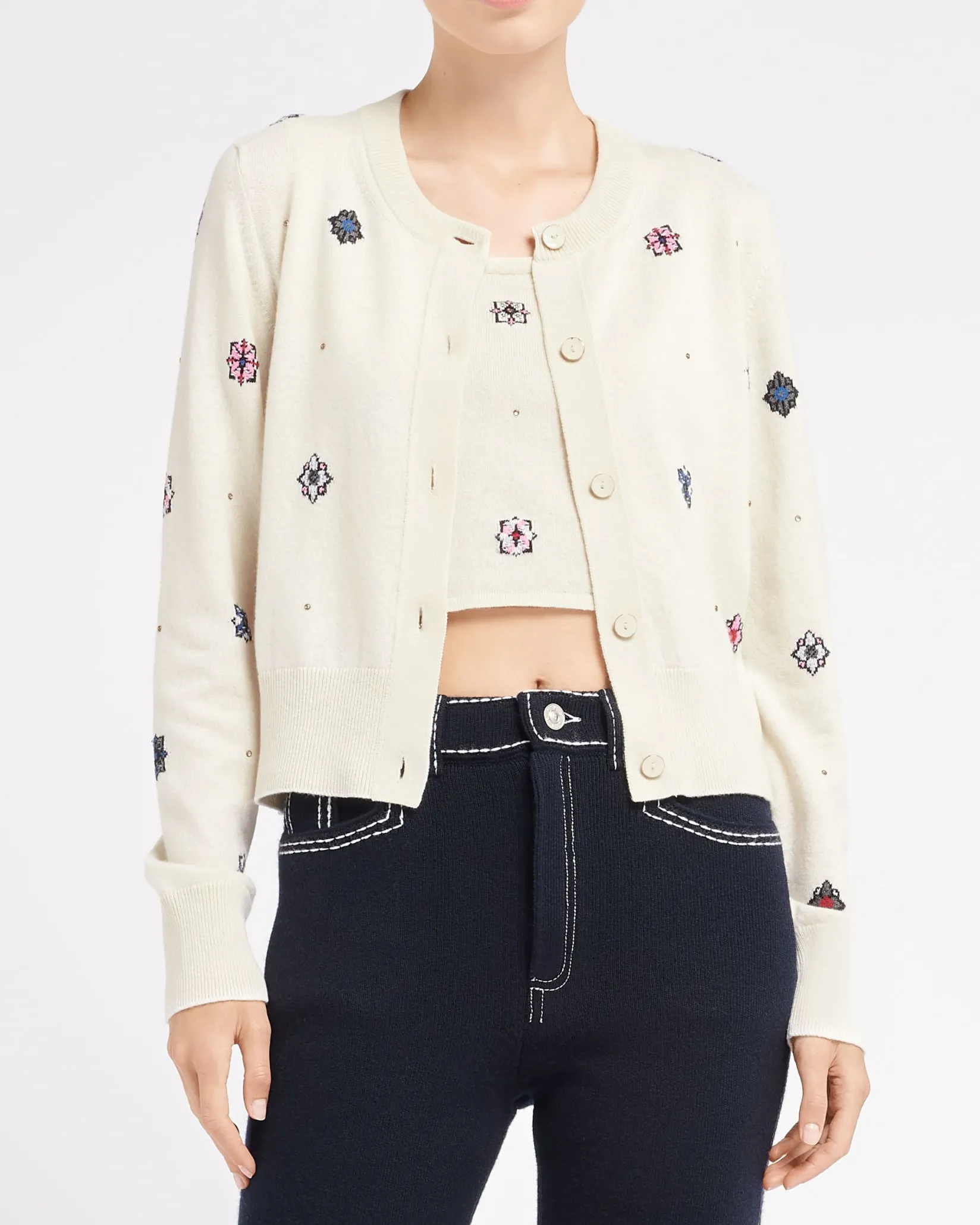 Women Barrie Cardigan in cashmere and cotton with floral motif