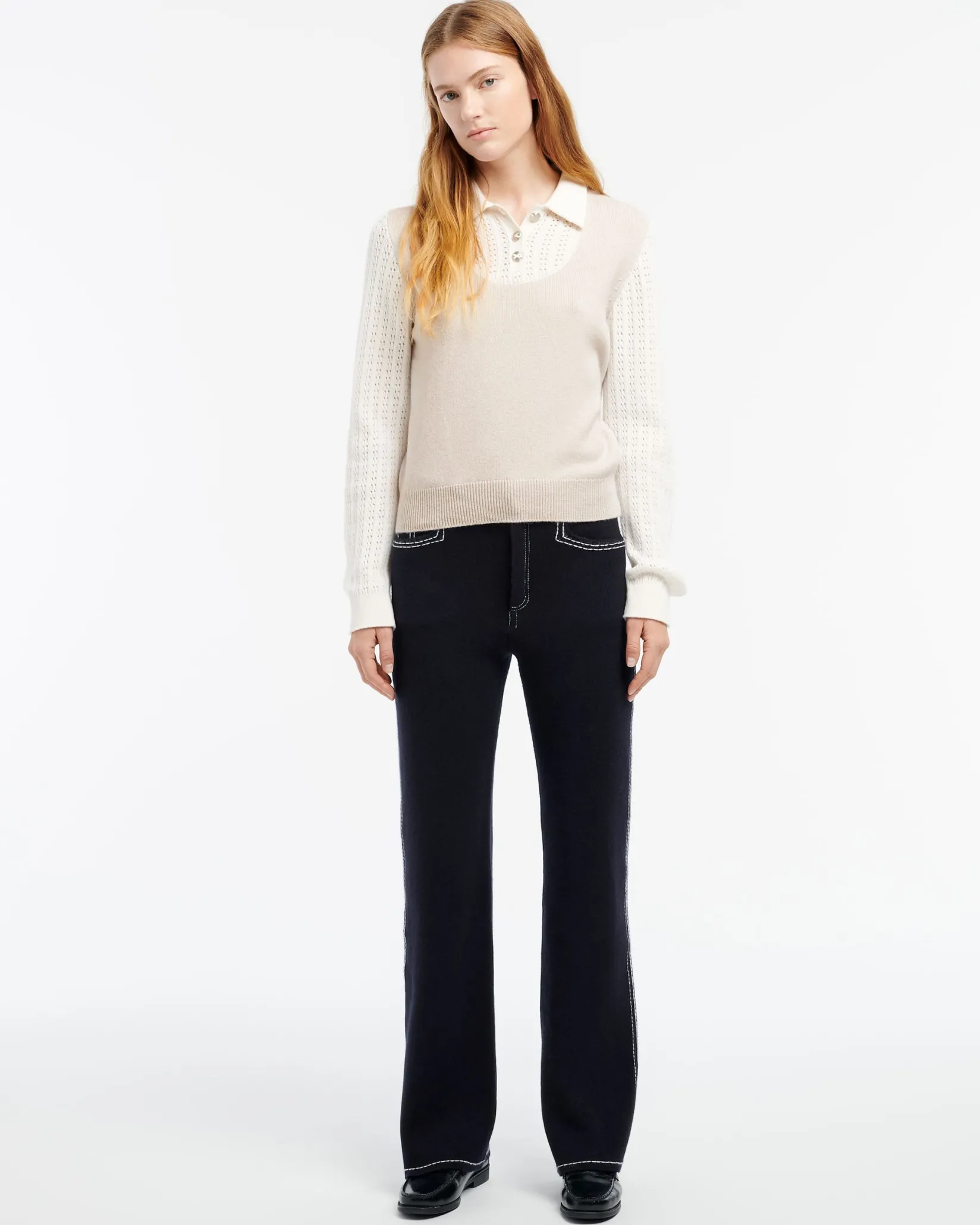 Women Barrie Cashmere lace jumper with polo shirt collar