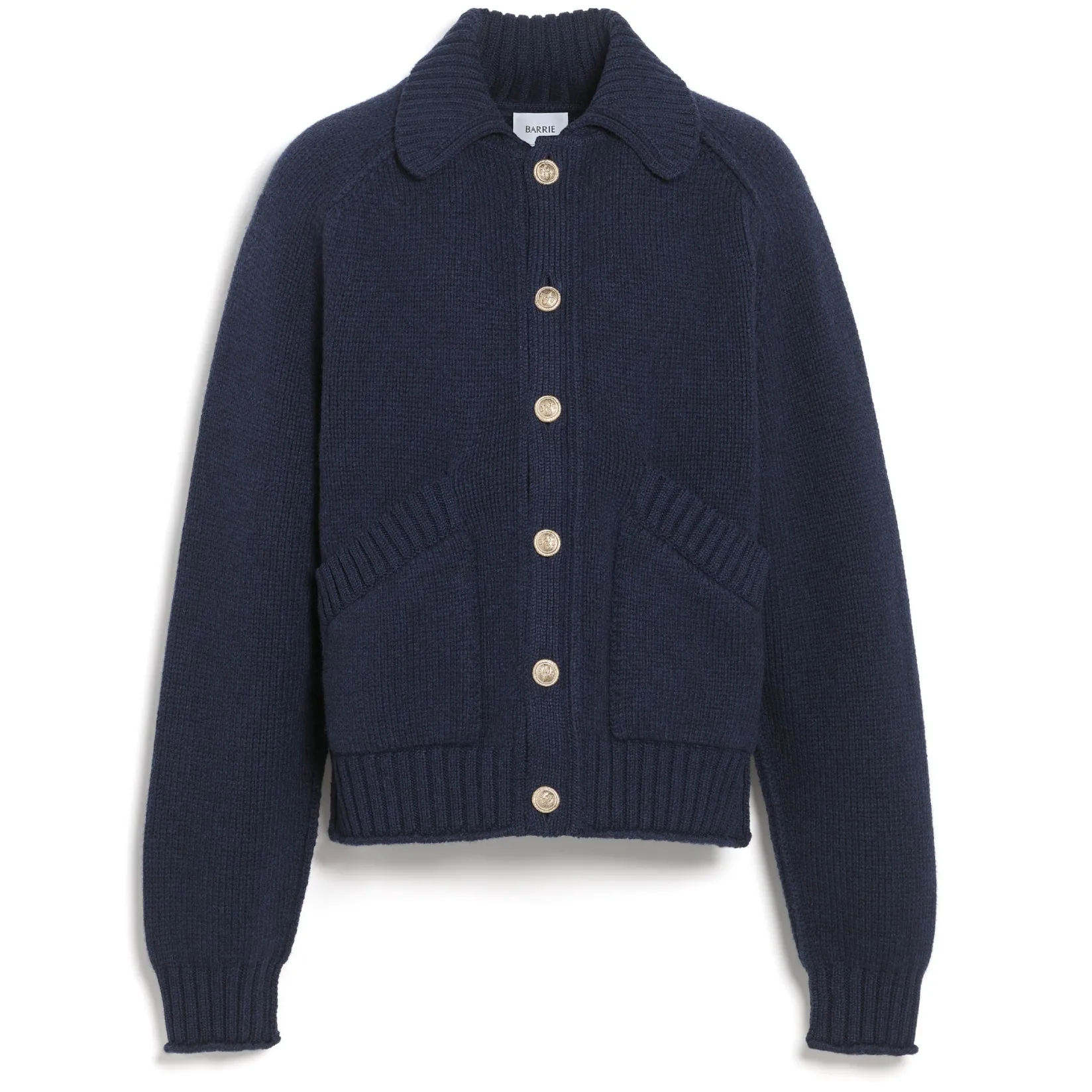 Barrie Chunky cashmere cardigan with polo collar and gold buttons