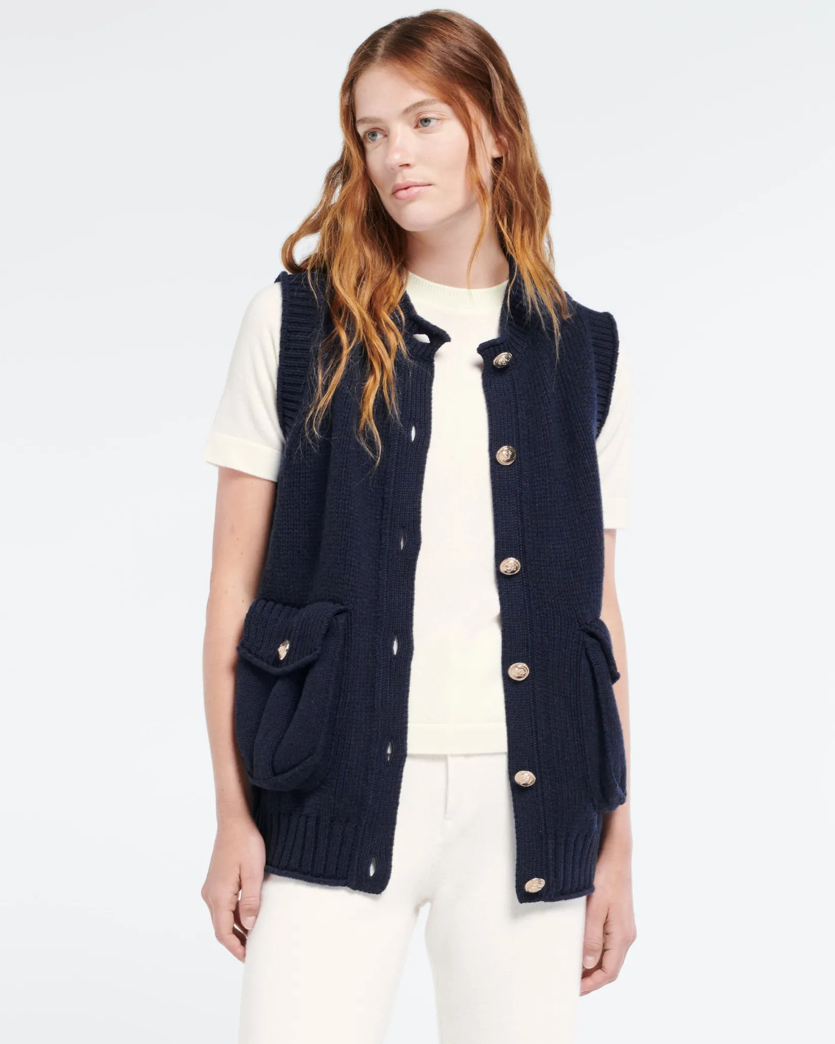 Women Barrie Chunky sleeveless cardigan with gold buttons
