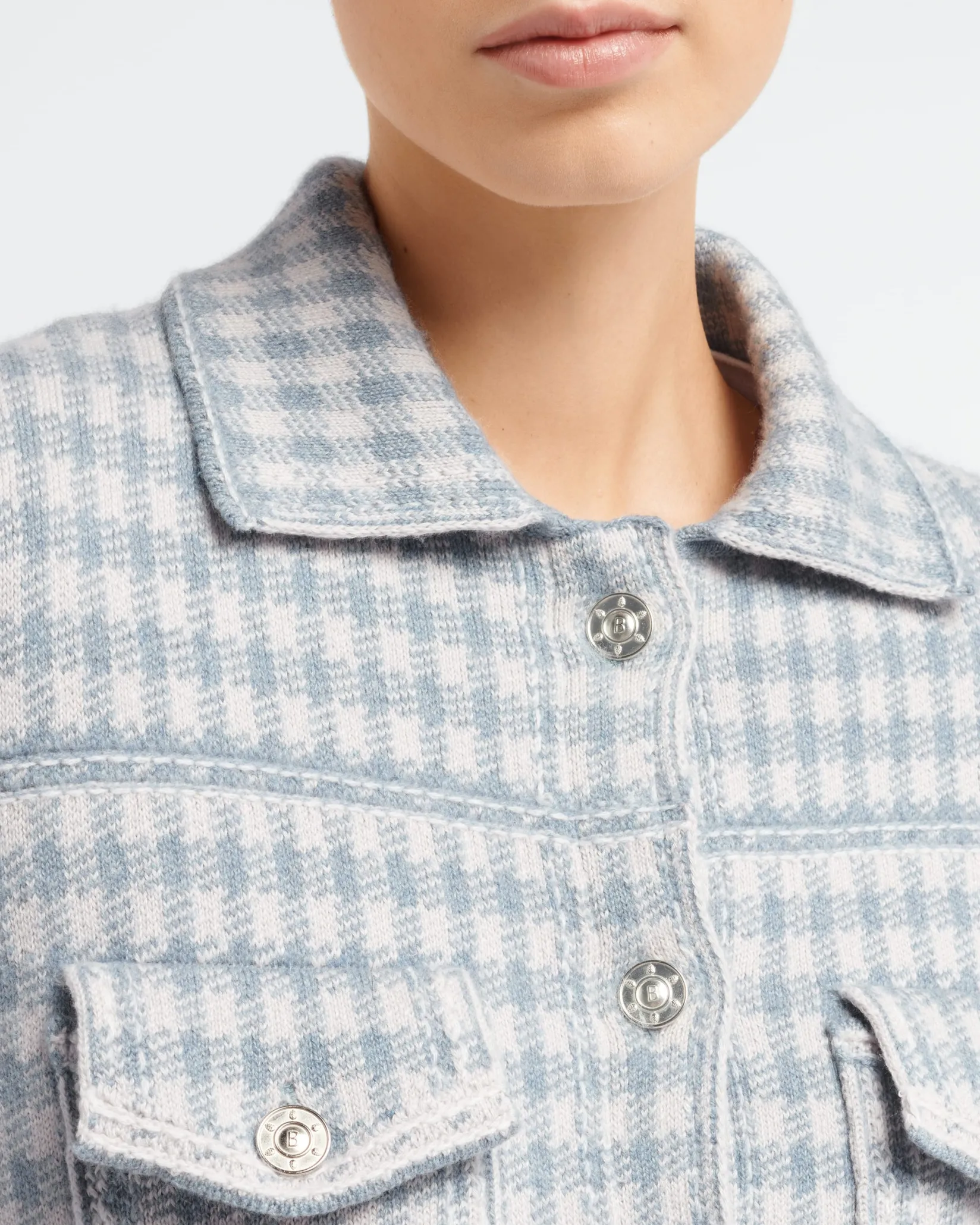 Women Barrie Denim fitted cashmere and cotton jacket with gingham motif