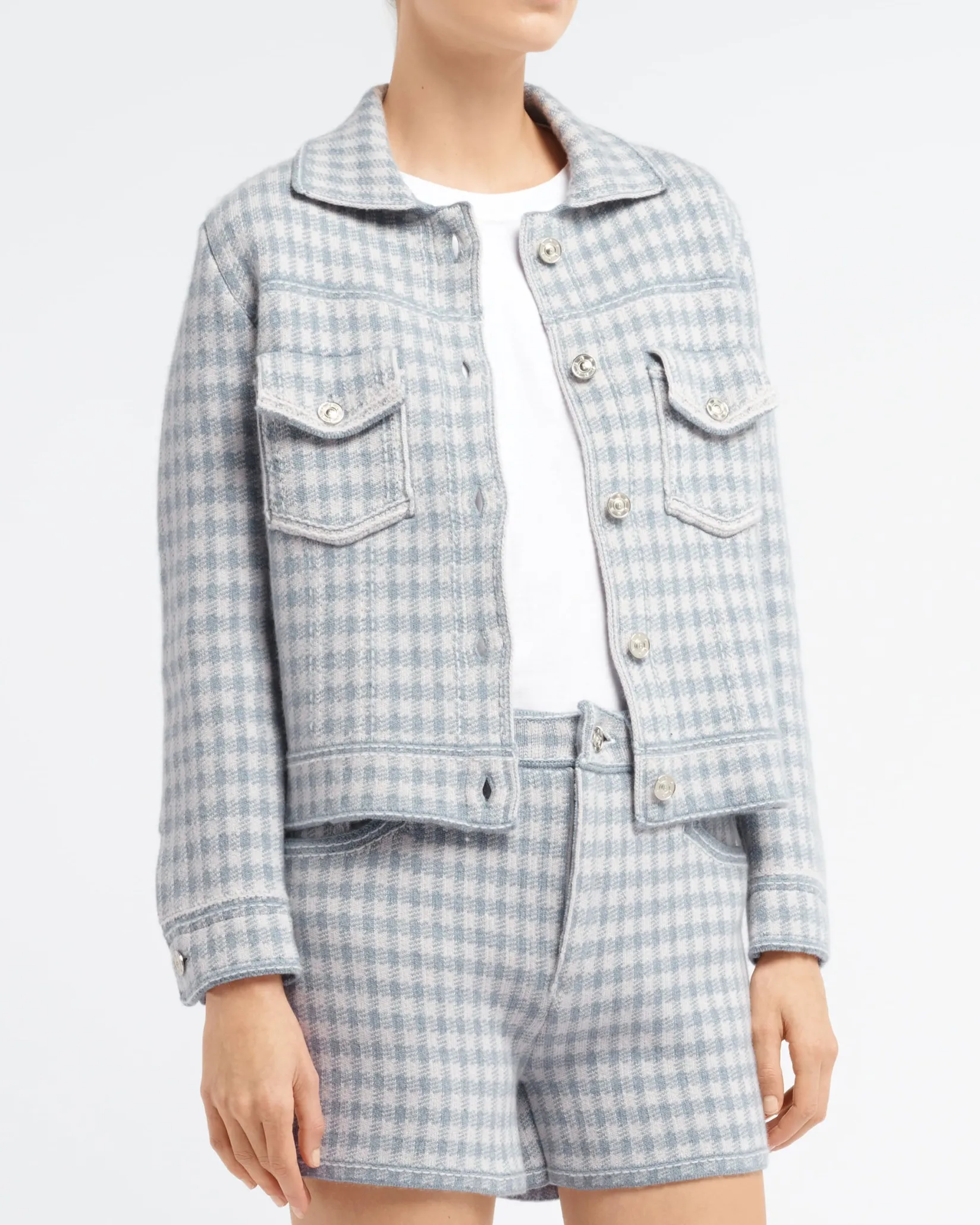 Women Barrie Denim fitted cashmere and cotton jacket with gingham motif