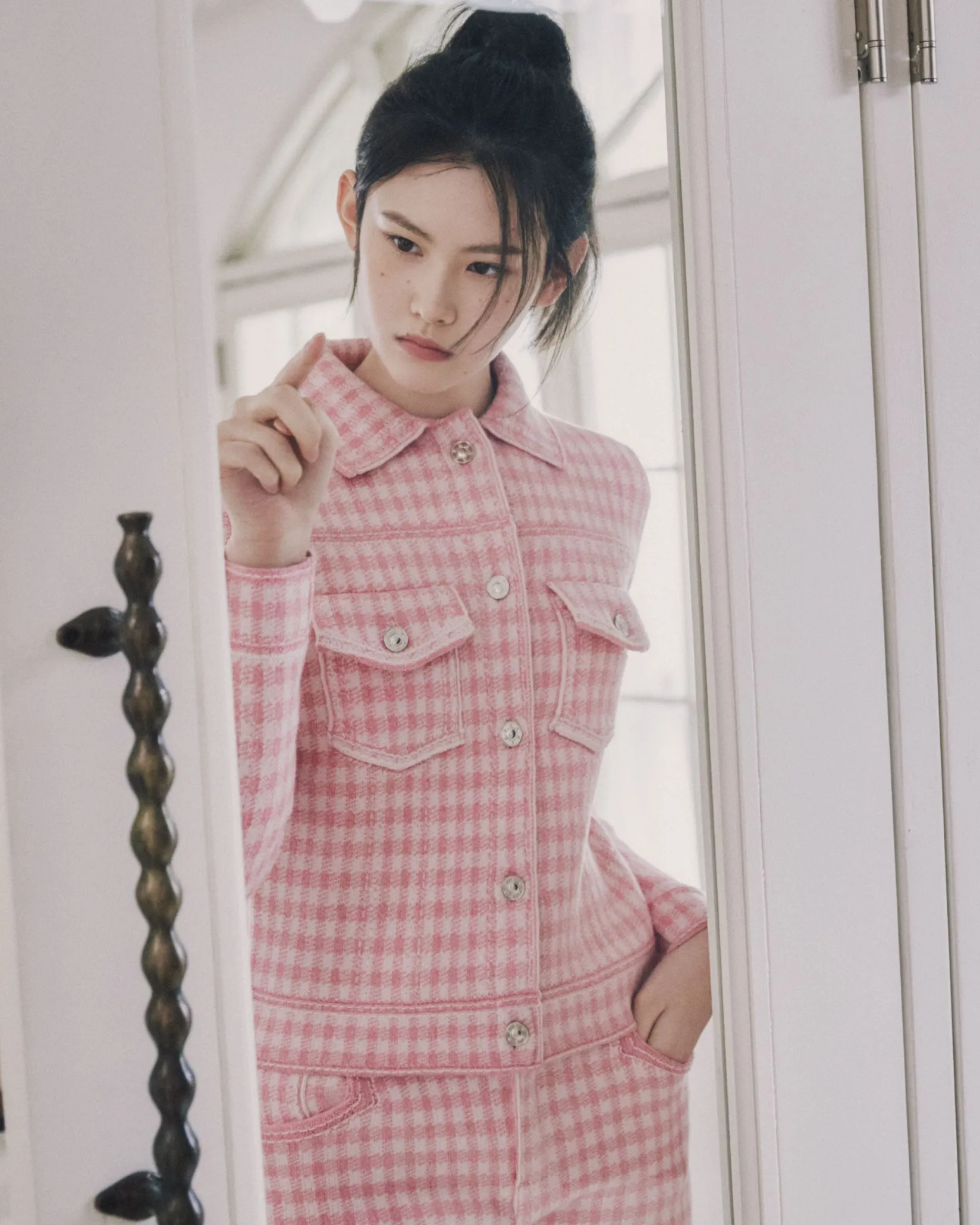 Women Barrie Denim fitted cashmere and cotton jacket with gingham motif