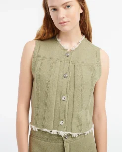 Women Barrie Denim fringed cashmere and cotton sleeveless jacket