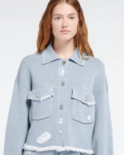 Women Barrie Denim fringed cashmere and cotton jacket