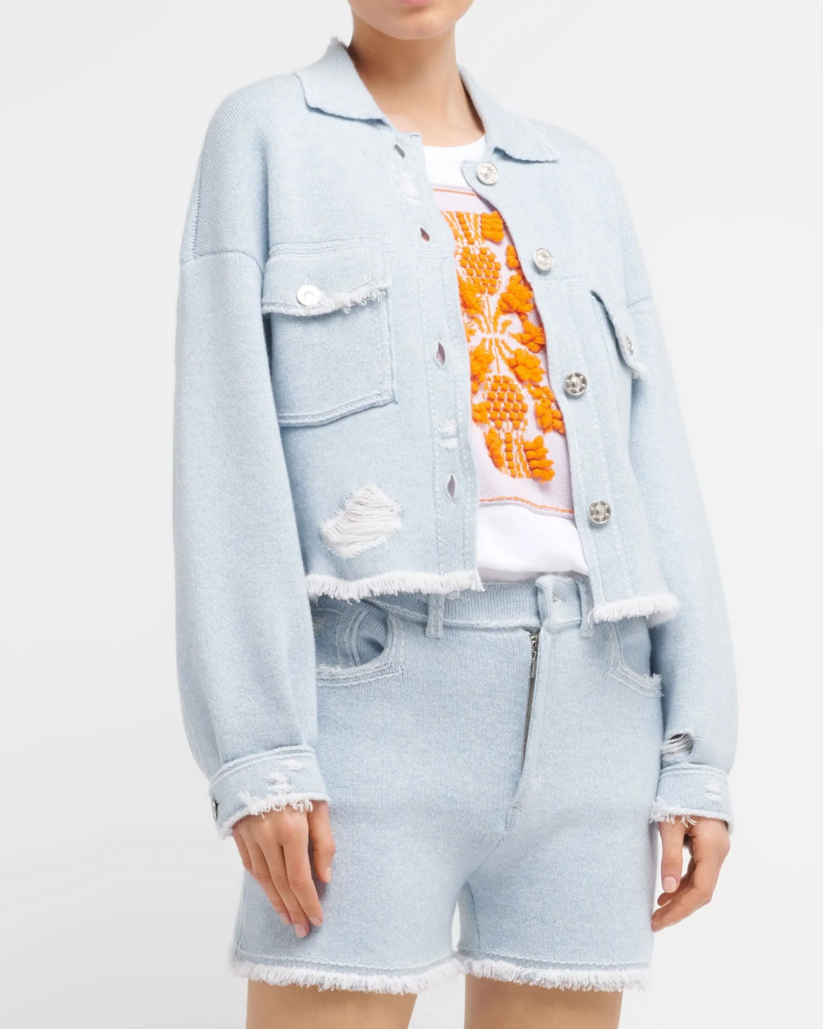 Women Barrie Denim fringed cashmere and cotton jacket