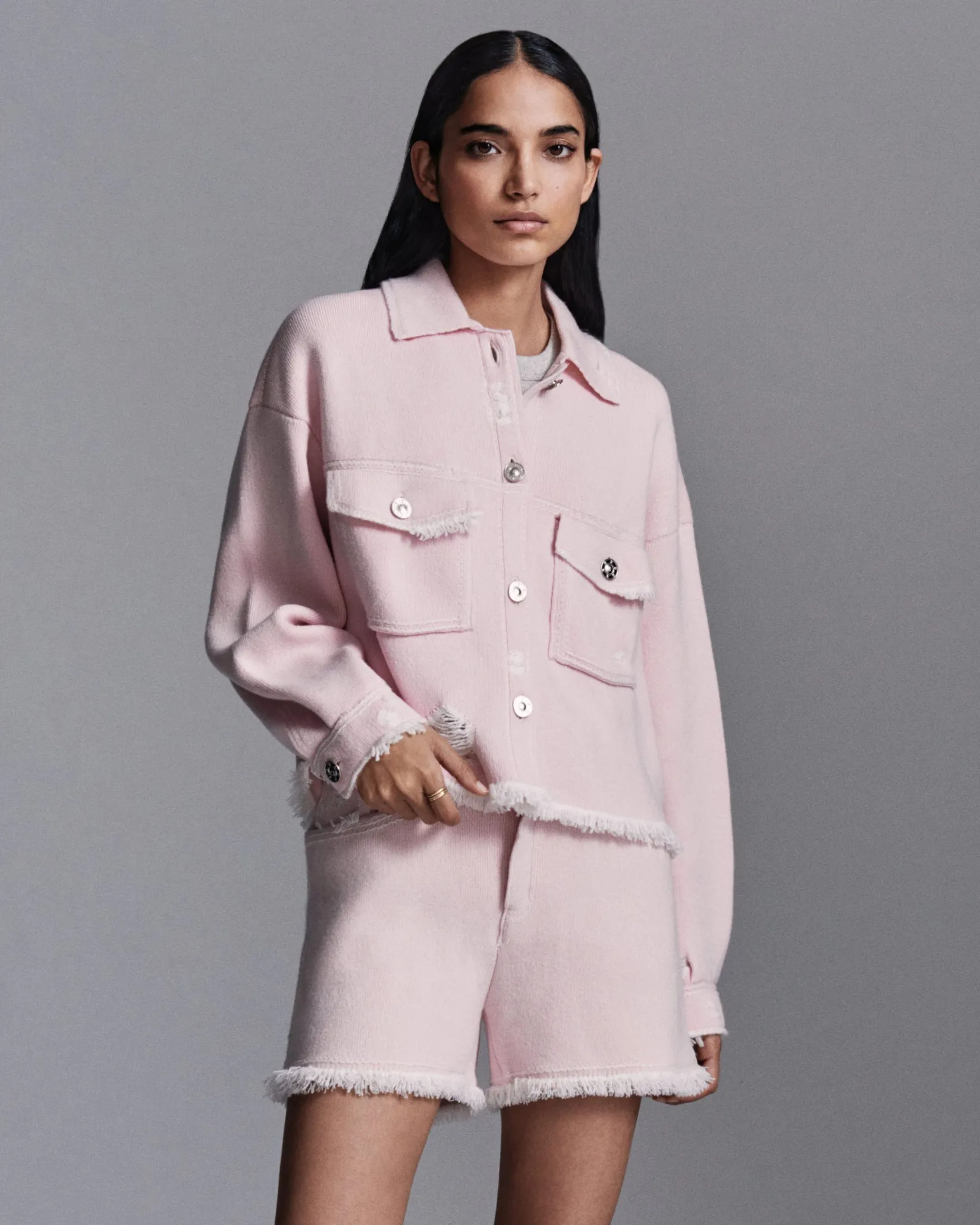 Women Barrie Denim fringed cashmere and cotton jacket