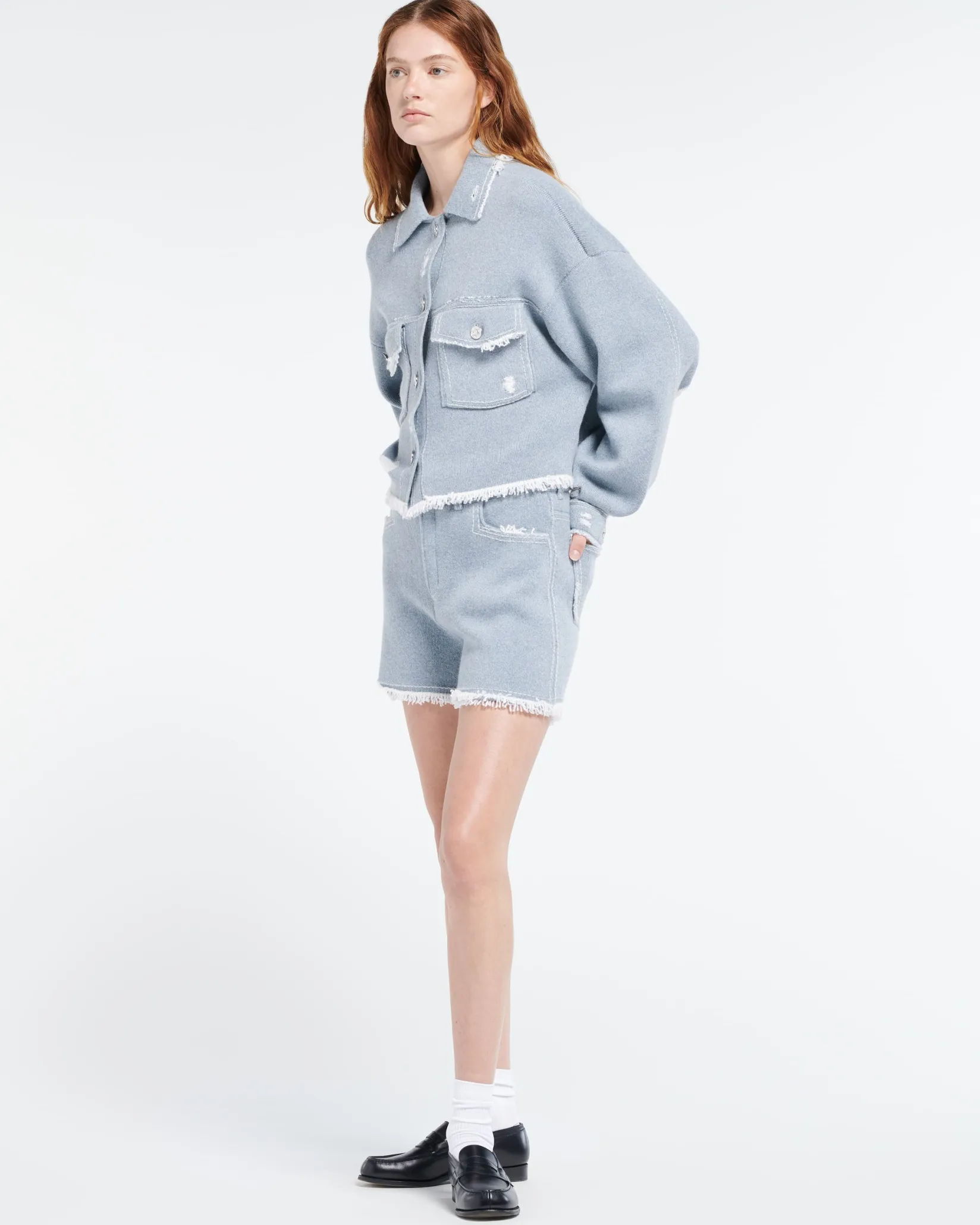 Women Barrie Denim fringed cashmere and cotton shorts