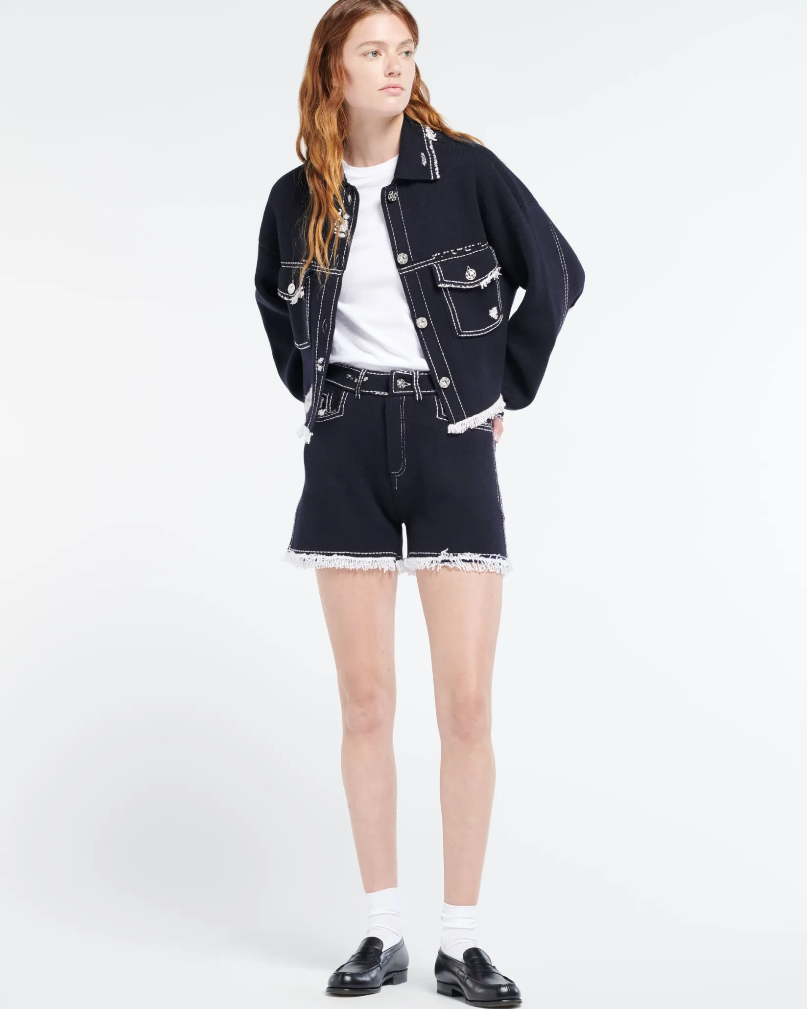 Women Barrie Denim fringed cashmere and cotton jacket