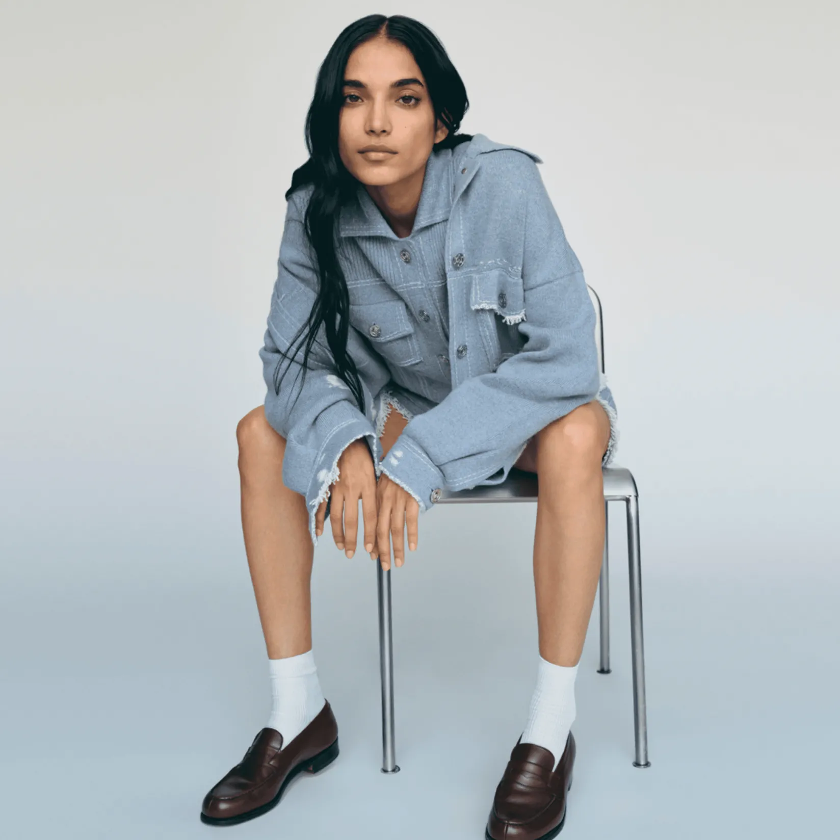 Women Barrie Denim fringed cashmere and cotton jacket