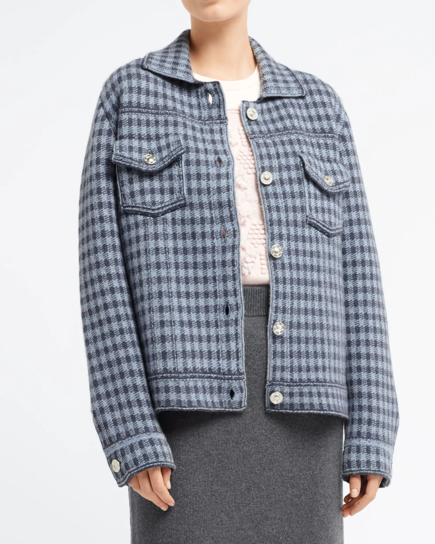 Women Barrie Denim jacket in cashmere and cotton with gingham pattern