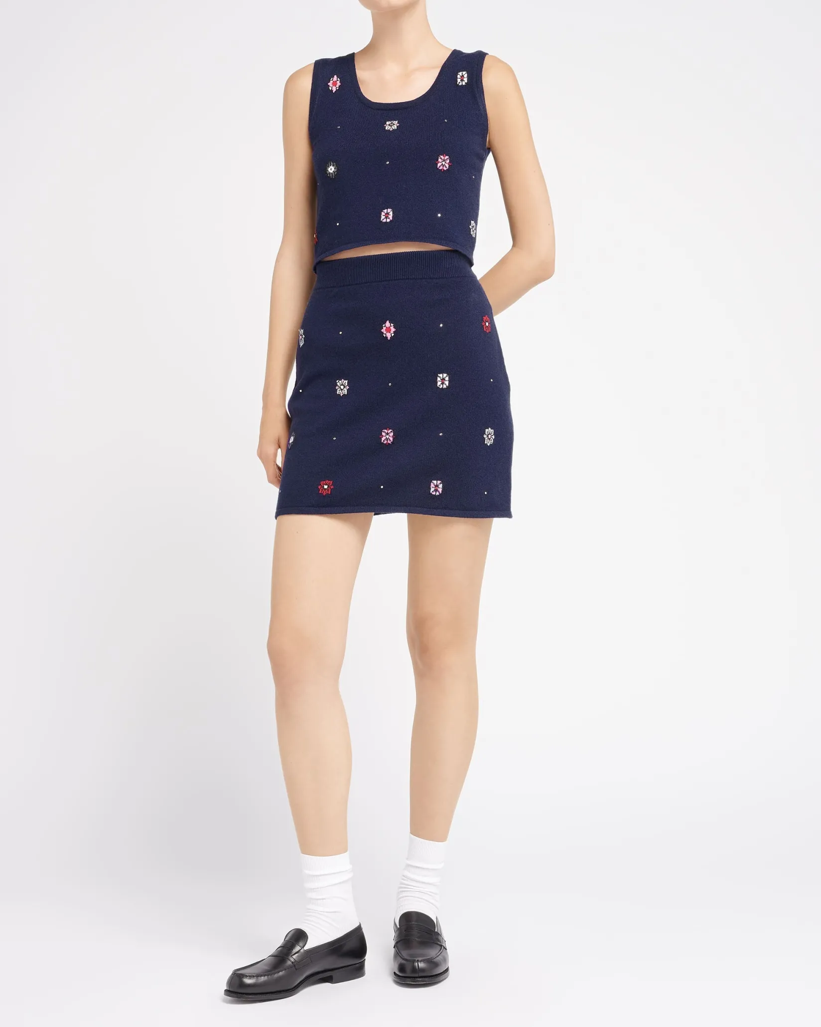 Women Barrie Short skirt in cashmere and cotton with floral motif
