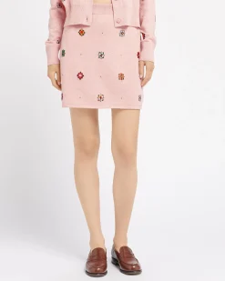 Women Barrie Short skirt in cashmere and cotton with floral motif