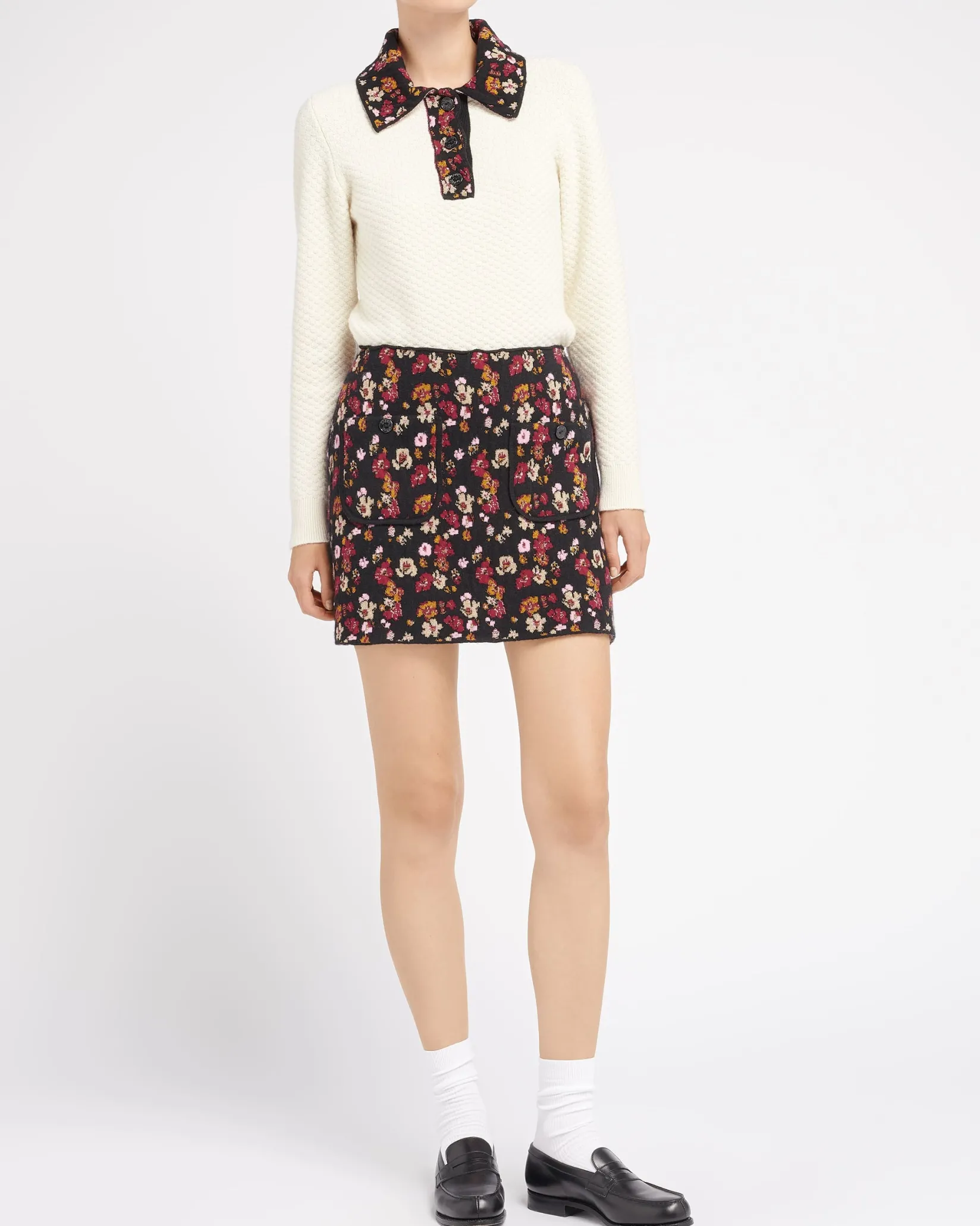 Women Barrie Short skirt in cashmere with floral motif