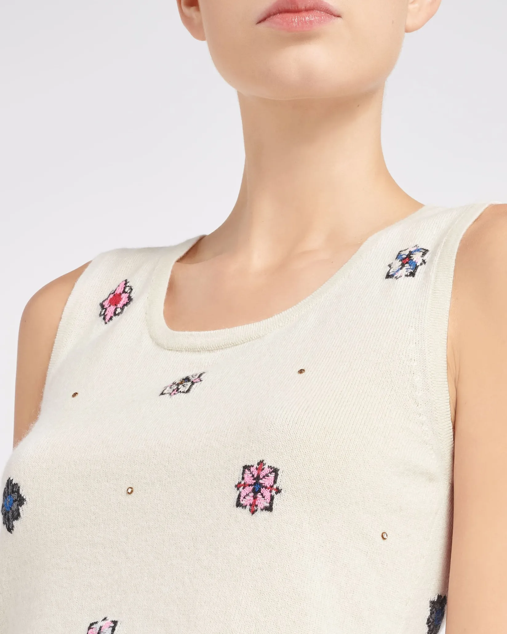 Women Barrie Sleeveless crop top in cashmere and cotton with floral motif