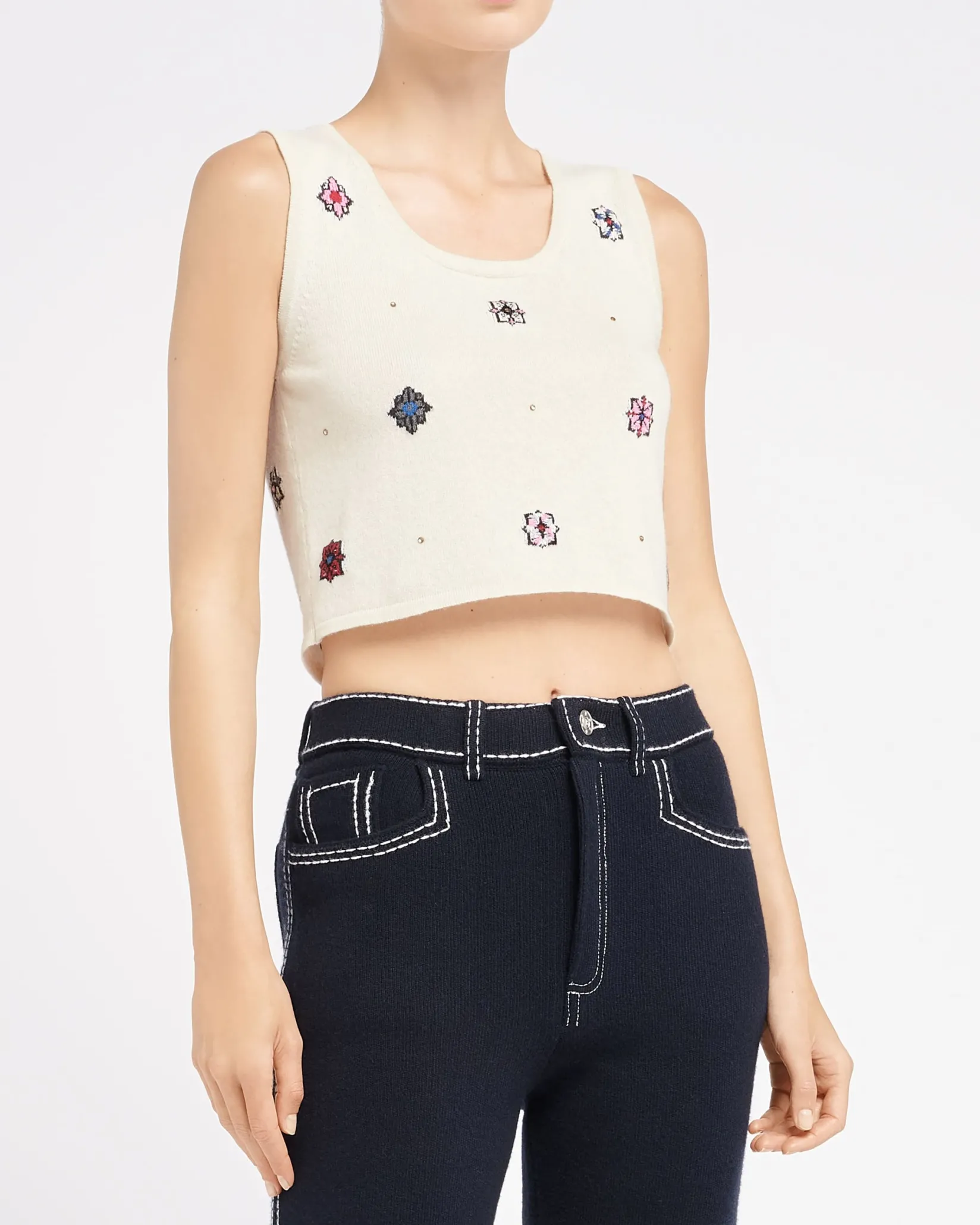 Women Barrie Sleeveless crop top in cashmere and cotton with floral motif