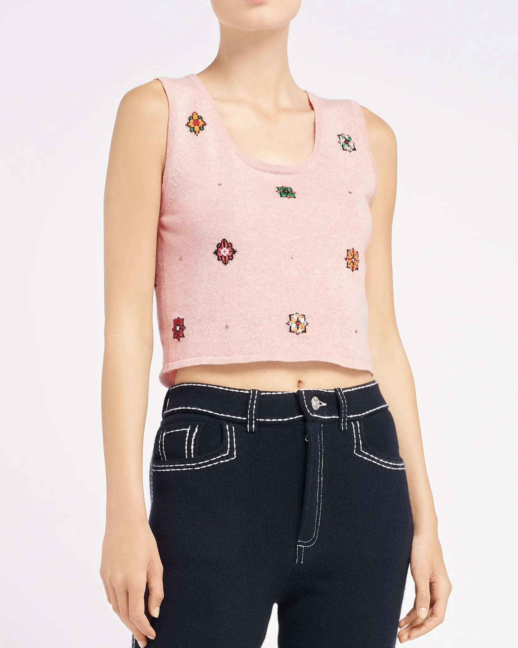 Women Barrie Sleeveless crop top in cashmere and cotton with floral motif