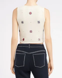 Women Barrie Sleeveless crop top in cashmere and cotton with floral motif