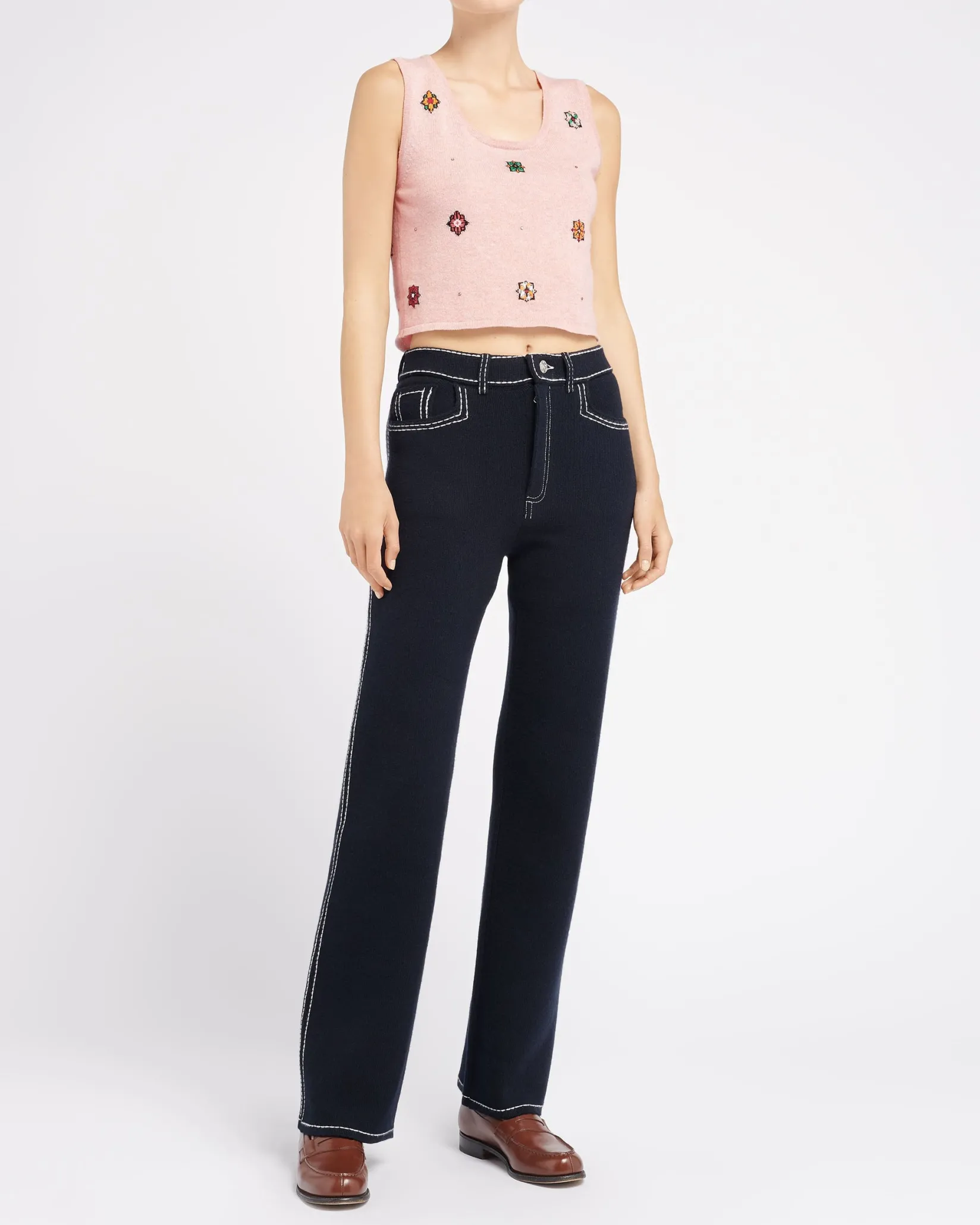 Women Barrie Sleeveless crop top in cashmere and cotton with floral motif
