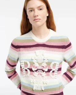 Women Barrie Striped cashmere 3D logo round-neck jumper