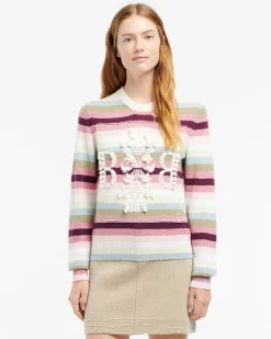 Women Barrie Striped cashmere 3D logo round-neck jumper