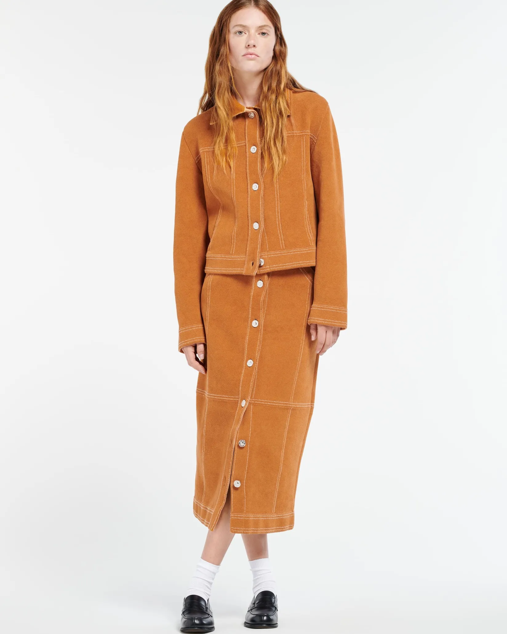 Women Barrie Suede-effect long skirt in cashmere and cotton