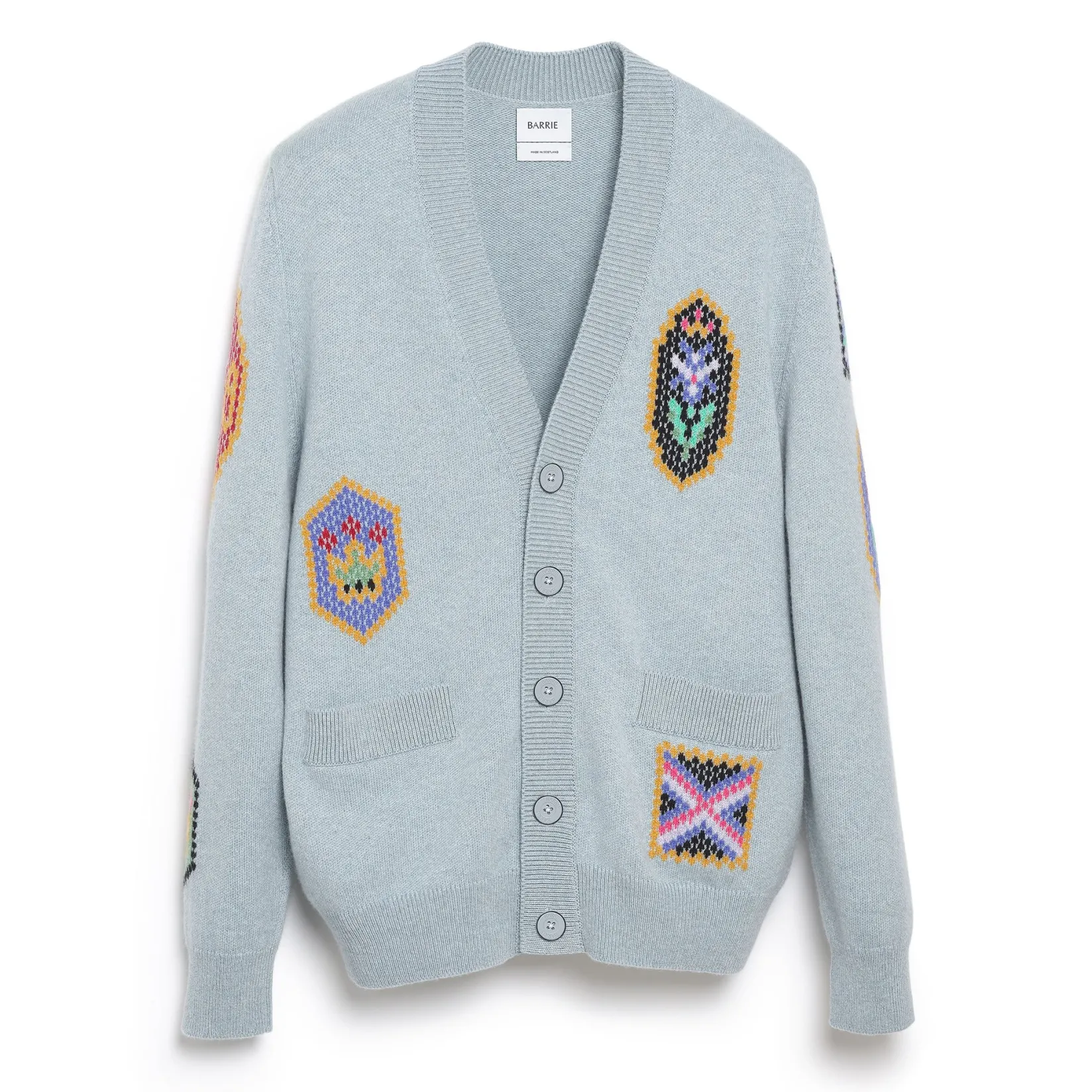 Barrie V-neck cardigan with Scottish symbols in cashmere