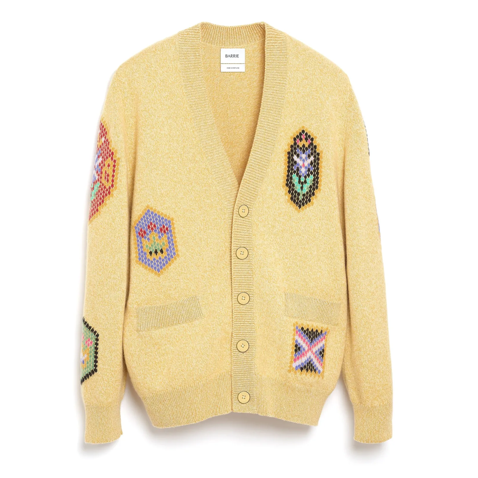 Barrie V-neck cardigan with Scottish symbols in cashmere