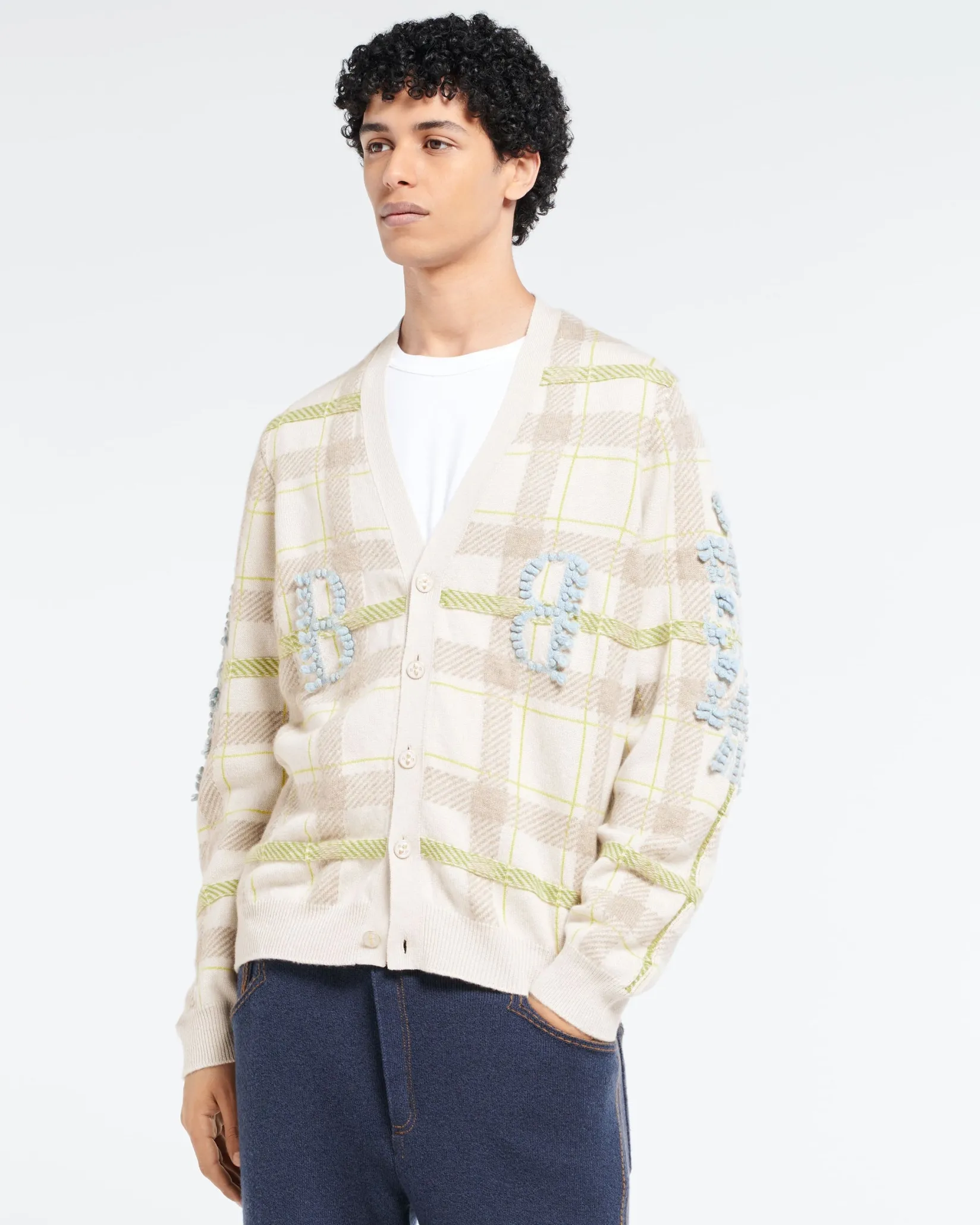 Barrie V-neck cashmere cardigan with tartan pattern and B logo